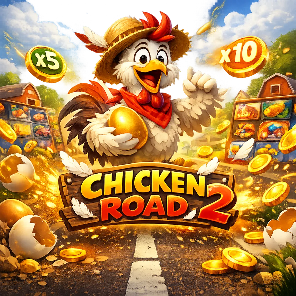 Illustration of Chicken Road slot game with a funny chicken crossing road, coins and vibrant arcade energy