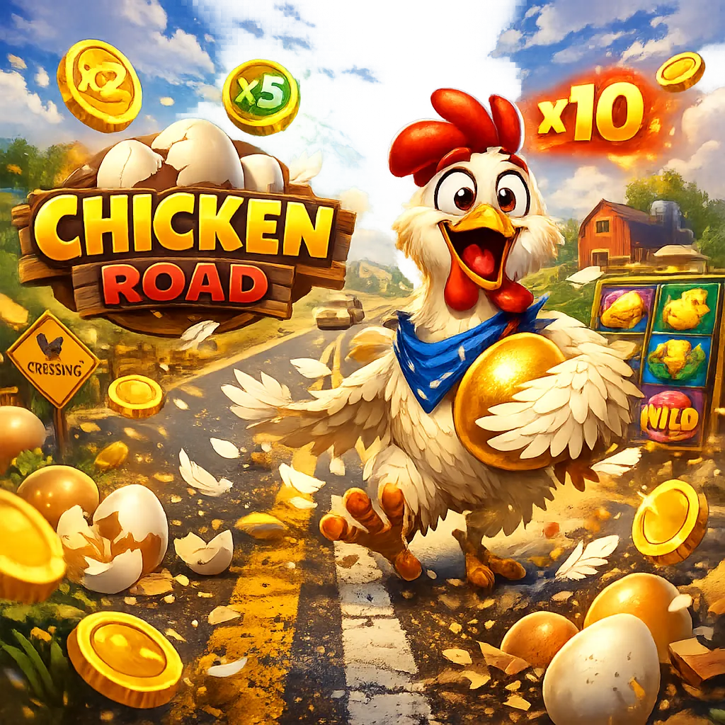 Bright promotional banner featuring a funny chicken and road theme with coins and arcade energy